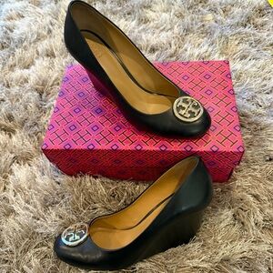 Tory Burch Black Benton Closed Toe Leather Wedges